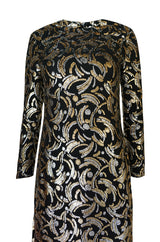 1970s Galanos Metallic Silver & Gold Lurex on Black Silk Dress