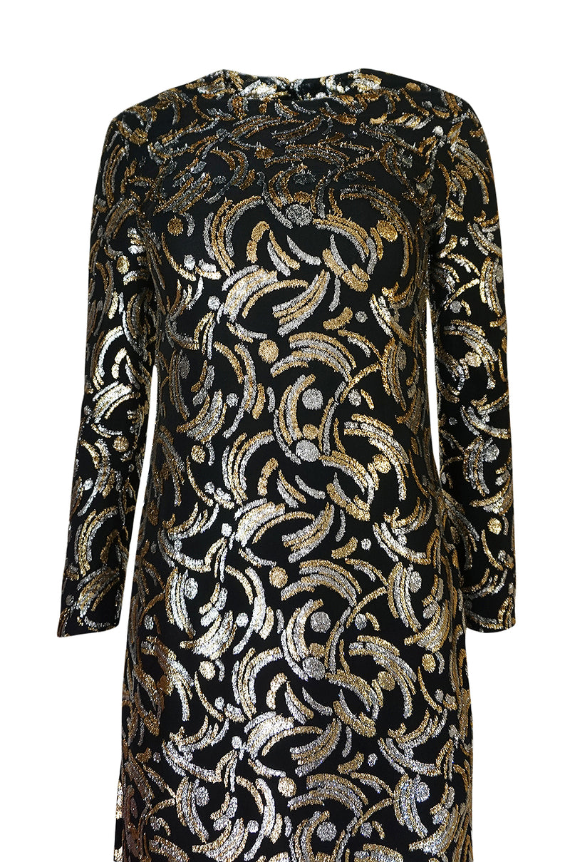1970s Galanos Metallic Silver & Gold Lurex on Black Silk Dress