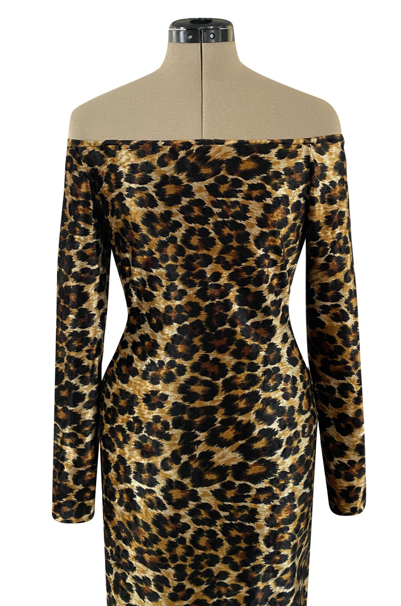 Iconic Fall 1989 Patrick Kelly Off Shoulder Leopard Stretch Velvet Dress