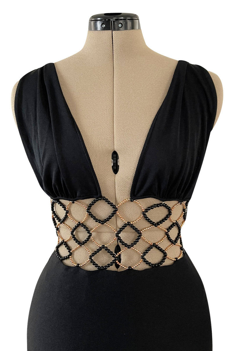 Incredible 1970s Loris Azzaro Open Gold & Black Bead Waist Dress w Halter Top & Bare Back