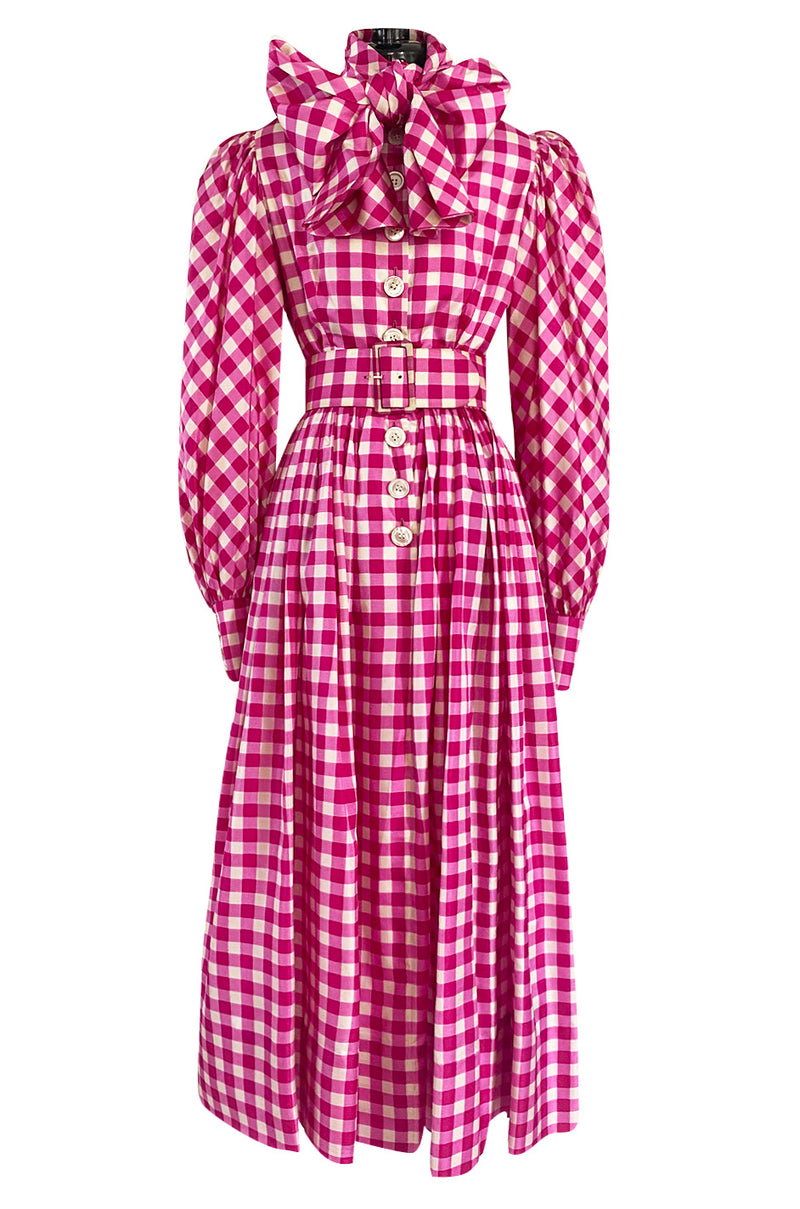 Spectacular Early 1960s Norman Norell Pink Gingham Silk Taffeta Dress w Bow & Pouf Sleeves