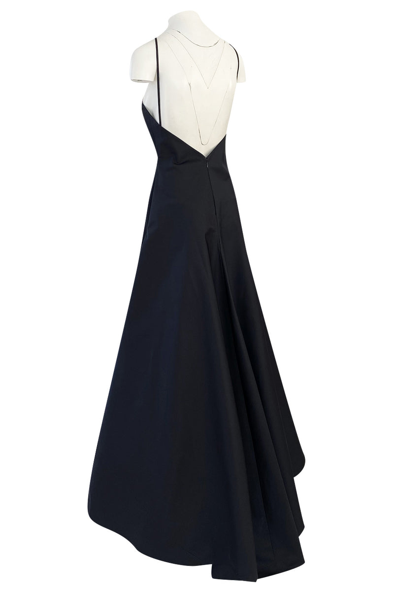 1990s Calvin Klein Black Front Plunge Halter Dress w No Back and Long Full Skirt