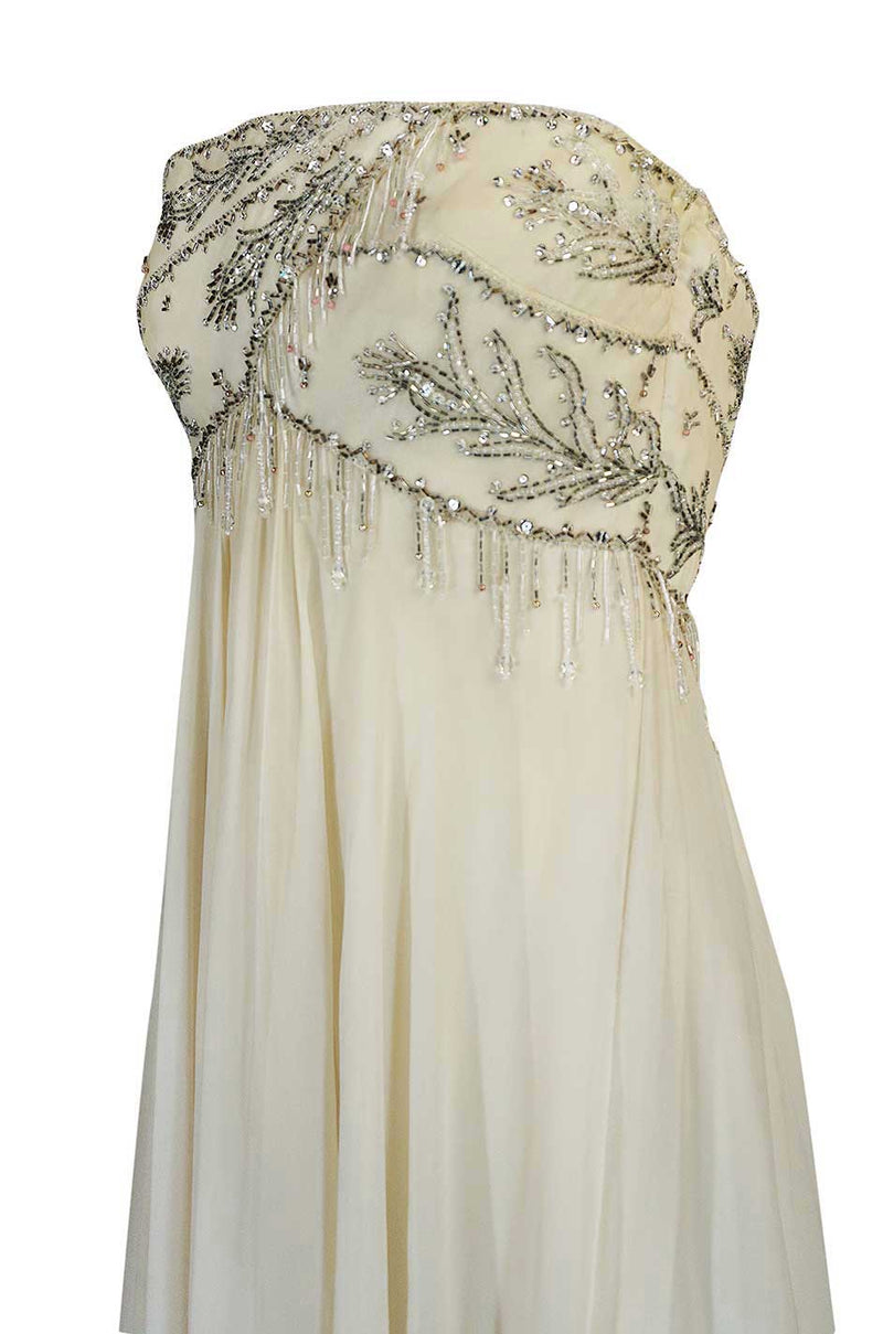 1970s Bob Mackie Beaded Strapless Ivory Silk Chiffon Dress
