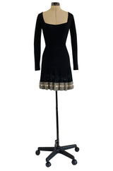 Early 1990s Azzedine Alaia Black Knit Couture Dress w Beaded Hem & Hand Placed Mirrors