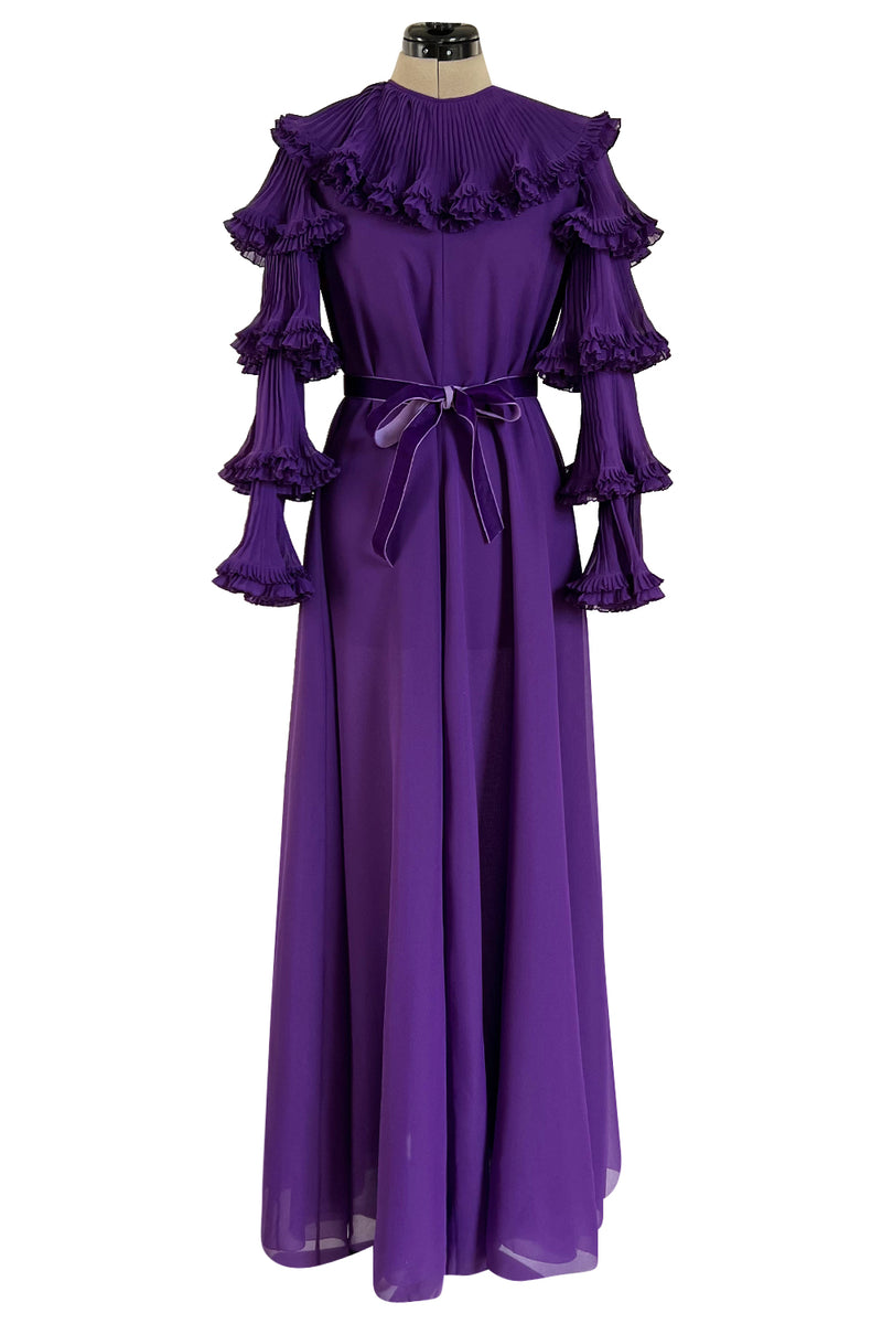 Unusual 1970s Miss Dior Purple Silk Chiffon Tiered & Pleated Sleeve Caftan Dress