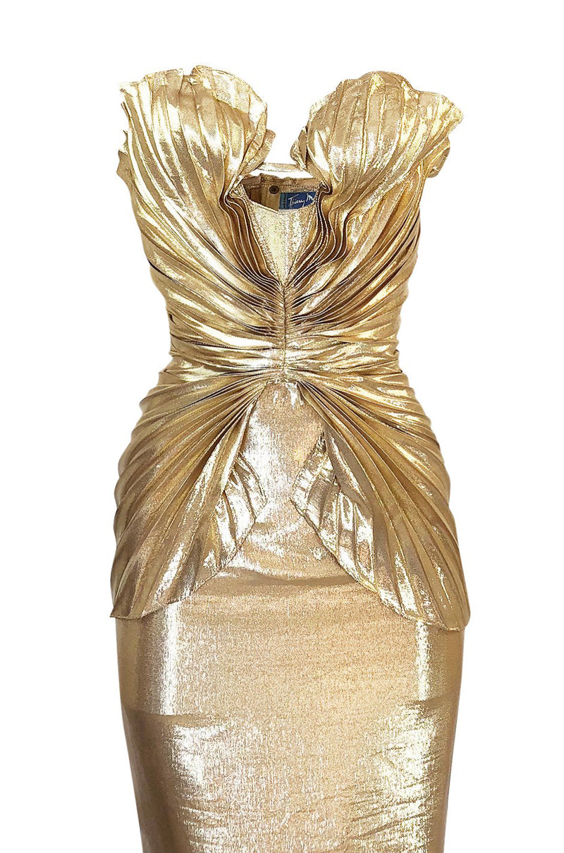 Rare Spring 1985 Thierry Mugler Bombshell Pleated Gold Lurex 'Shell' Dress