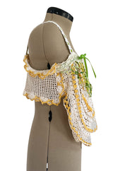 1960s Handmade Crocheted Crop Top w Longer Set Front & Flower Details
