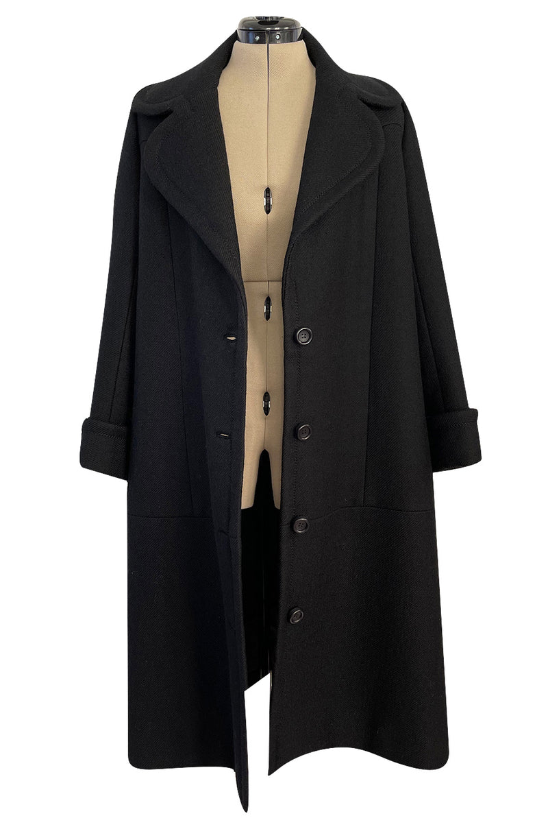 Elegant 1960s Jean Patou by Michel Goma Black Wool Coat w Top Stitching Details