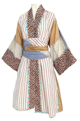 1980s Koos Van Den Akker Patchwork Collage Wrapped Cotton Coat or Dress w Wide Sash