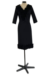 Fabulous Little Late 1950s Unlabeled Black Wool Jersey Ruffled Hem & Collar Dress