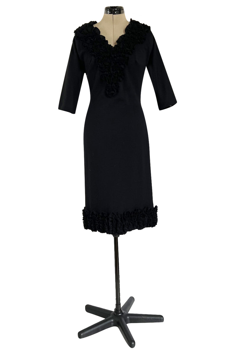 Fabulous Little Late 1950s Unlabeled Black Wool Jersey Ruffled Hem & Collar Dress