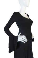 1970s Biba Ruffled Cuffs Black Moss Crepe Dress