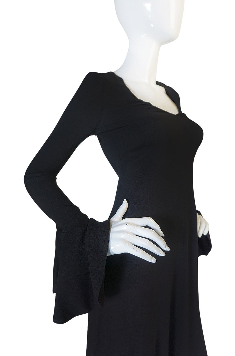 1970s Biba Ruffled Cuffs Black Moss Crepe Dress