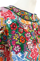 Vintage Mexican Artisan Bright Coloured Pattern Hand Embroidered Flowers & Birds Top