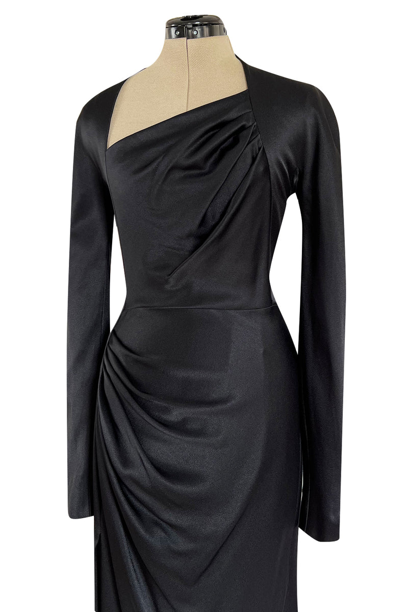 Chic Fall 2009 Christian Dior by John Galliano Black Silk Satin Dress w Asymmetrical Neckline