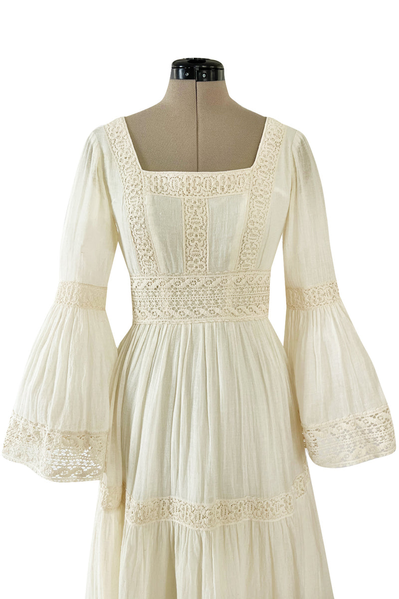 Romantic 1970s Victor Costa Mexican Wedding Dress Feel Ivory Cotton Gauze & Lace  Dress