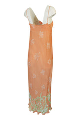 1970s Bill Tice Peach Print Halter Dress & Jacket Pleat Set