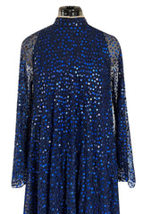 Incredible 1970-1972 Mollie Parnis Blue Sequin on Silk Chiffon Caftan Dress w Wide Sleeves