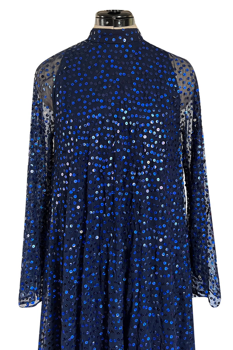 Incredible 1970-1972 Mollie Parnis Blue Sequin on Silk Chiffon Caftan Dress w Wide Sleeves