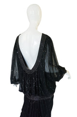 1980s Wayne Clark Backless Silver Glitter Trained Chiffon Dress