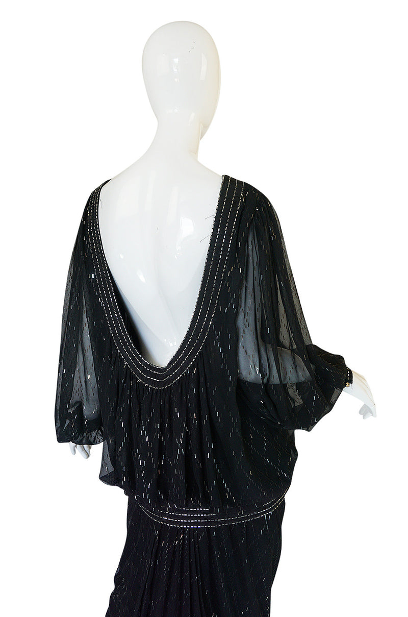 1980s Wayne Clark Backless Silver Glitter Trained Chiffon Dress