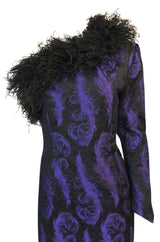 c.1988 Patrick Kelly Purple Brocade One Shoulder Feather Trim Dress