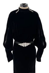 Stunning 1930s Black Bias Cut Silk Velvet Dress w Rhinestone Detail & Brilliant Belt