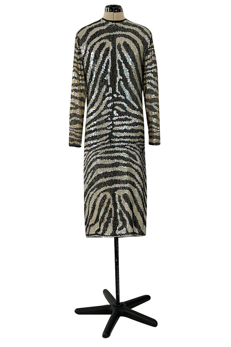 Iconic Late 1970s Halston Rare Iridescent Gold & Black Sequin Tiger Print Dress