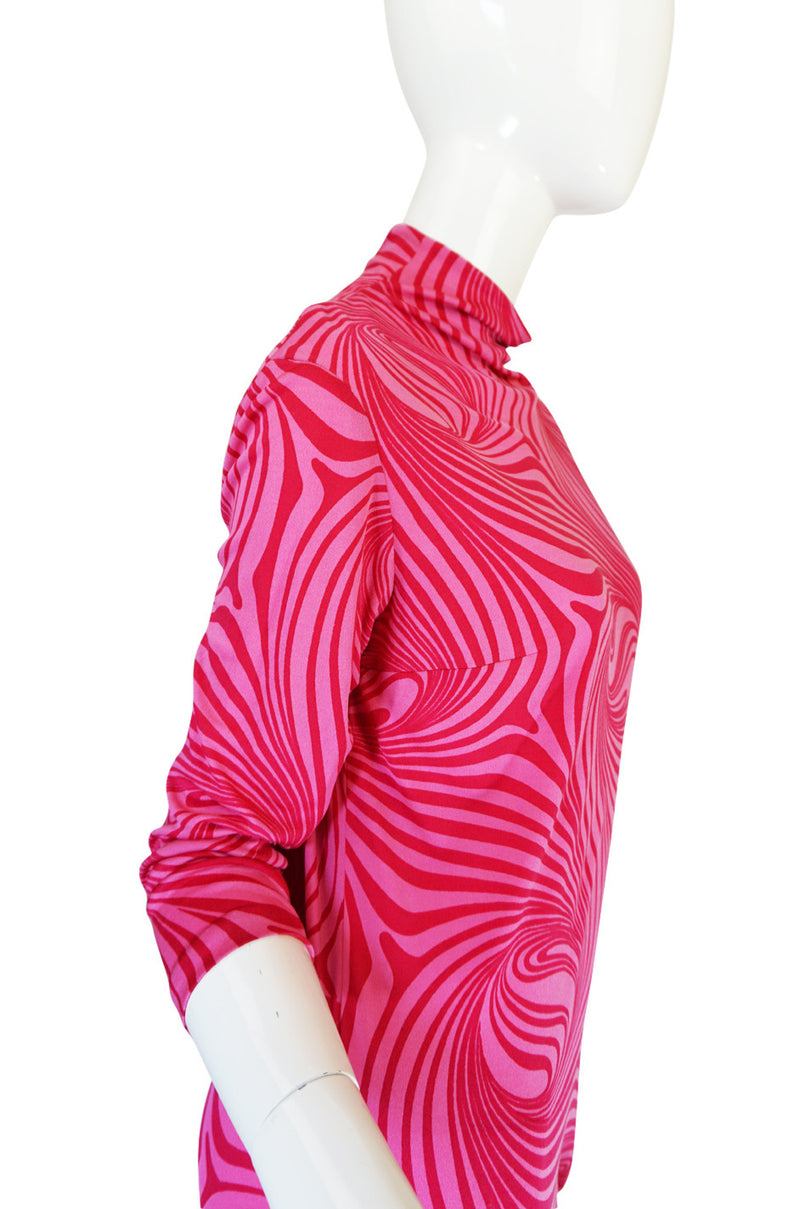 1970s Pink Print Silk Jersey La Mendola Maxi Dress