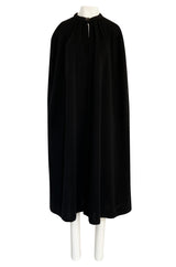1970s Yves Saint Laurent Fine Black Wool Jersey Minimalist Cape w Button Neck