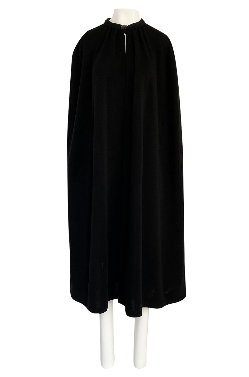 1970s Yves Saint Laurent Fine Black Wool Jersey Minimalist Cape w Button Neck