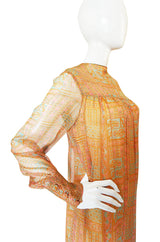 1970s Treacy Lowe Peach Print Silk Chiffon Caftan Dress