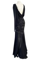 1980s Genny Draped Backless Black Silk Dress w Silver Star Thread Detailing