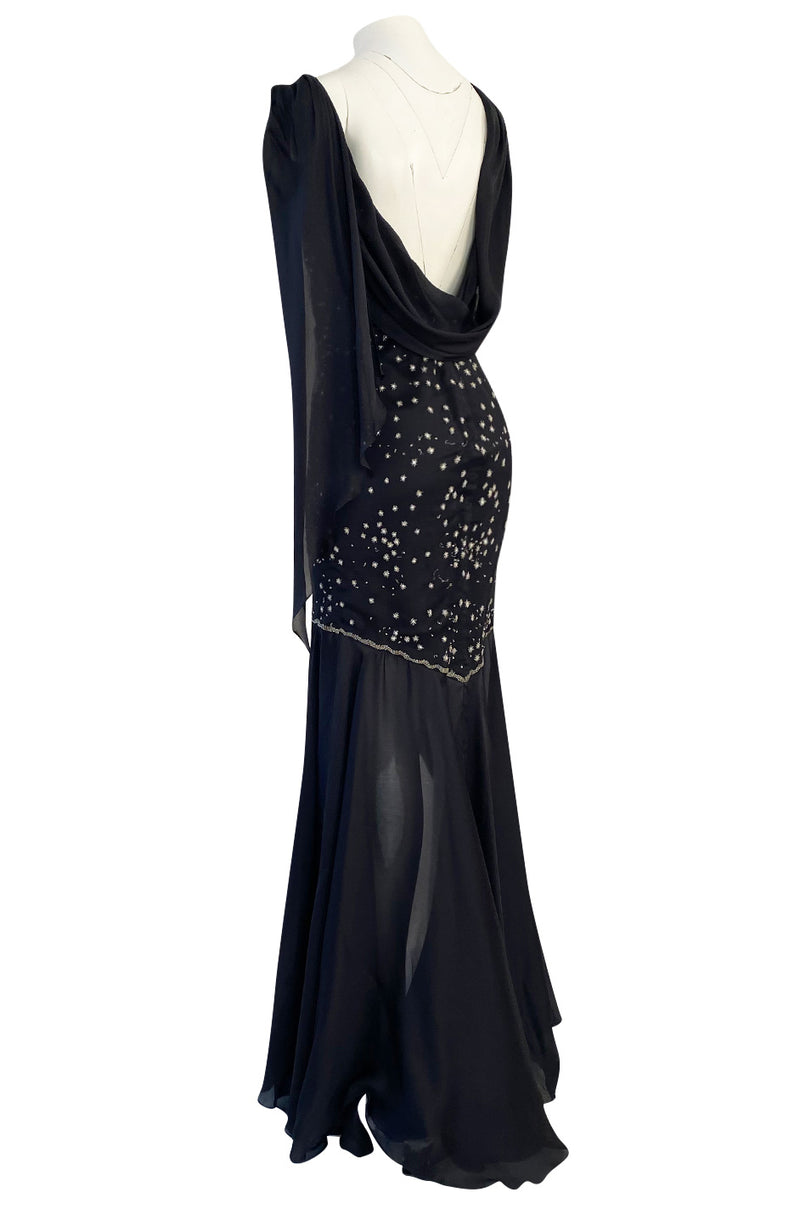 1980s Genny Draped Backless Black Silk Dress w Silver Star Thread Detailing