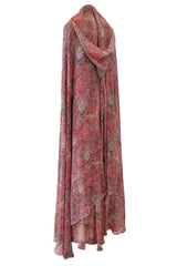 Magical c.1958 Madame Gres Haute Couture Printed Silk Chiffon Dress & Hooded Cape Piece