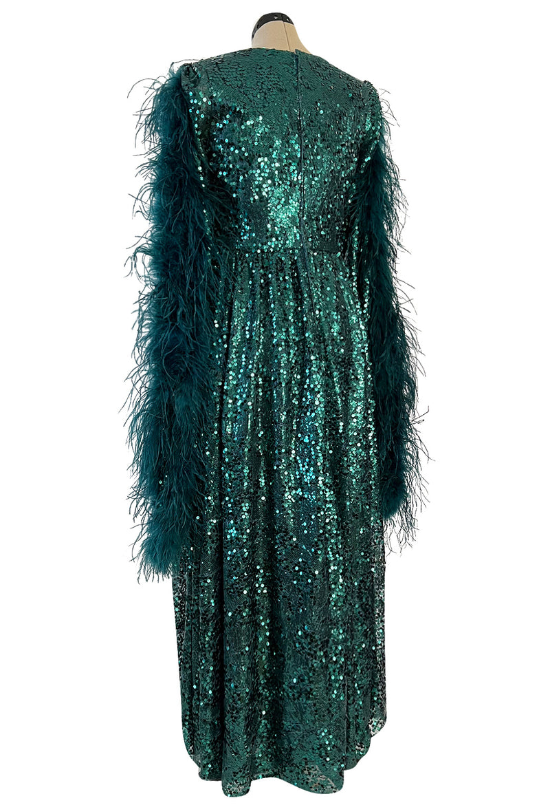 1970s Unlabeled Green Sequin Dress w Dramatic Feather Trimmed Open Extra Long Sleeve