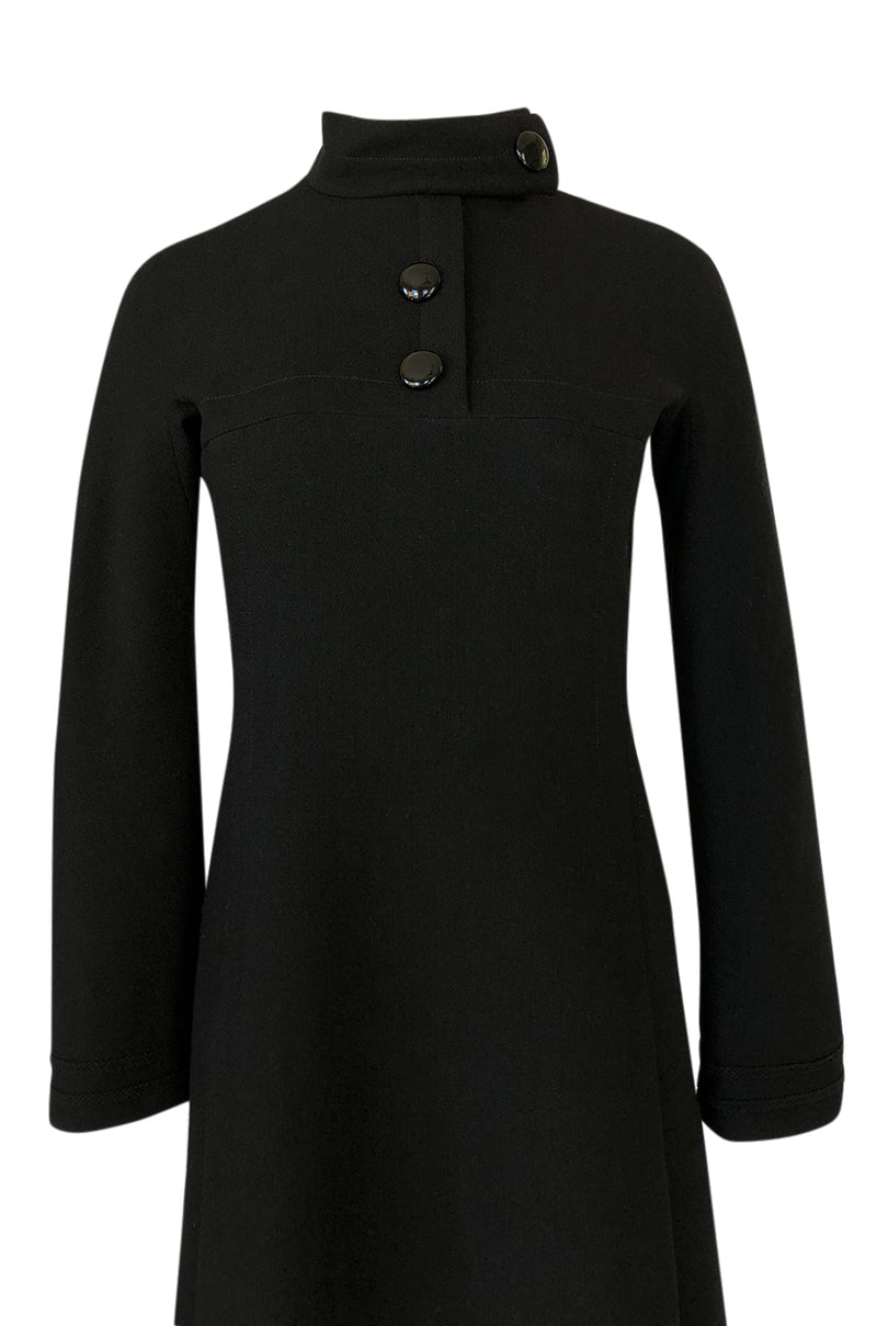 1960s Pierre Cardin Chic Sculpted Black Wool Button Detail Dress
