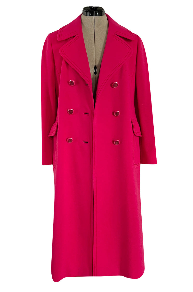 Gorgeous 1970s Unlabeled Top Stitched Knit Jersey Coat in a Bright Joyful Raspberry Coral Colour