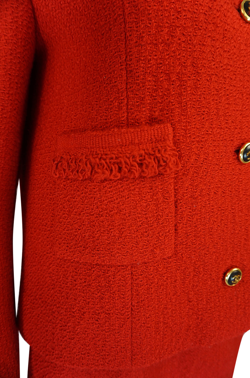c1978-1985 Chanel Red Boucle Cropped Jacket & Skirt Suit