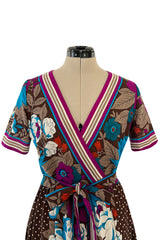 1972 - 1975 Lanvin by Jules-Francois Crahay Purple Brown & Blue Printed Floral Dress