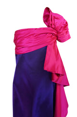 1970s Bill Blass Dramatic Pink & Purple Ruffled Bow Silk Dress