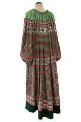 Gorgeous 1970s Lanvin Couture Printed Gathered Silk Caftan Dress w Balloon Sleeves & Felt Hem