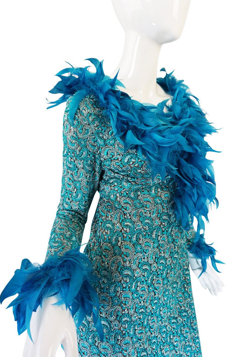 1960s Blue Metallic Thread on Net Feather Dress