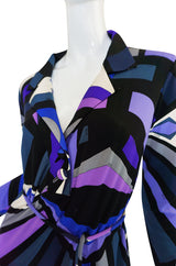 1960s Purple Print Pucci Silk Jersey Dress w Crystal Belt