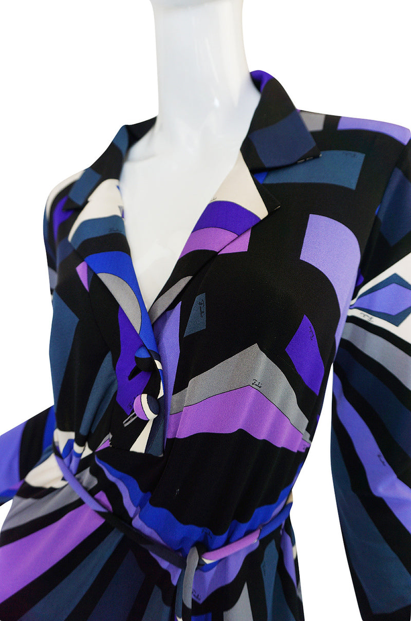 1960s Purple Print Pucci Silk Jersey Dress w Crystal Belt