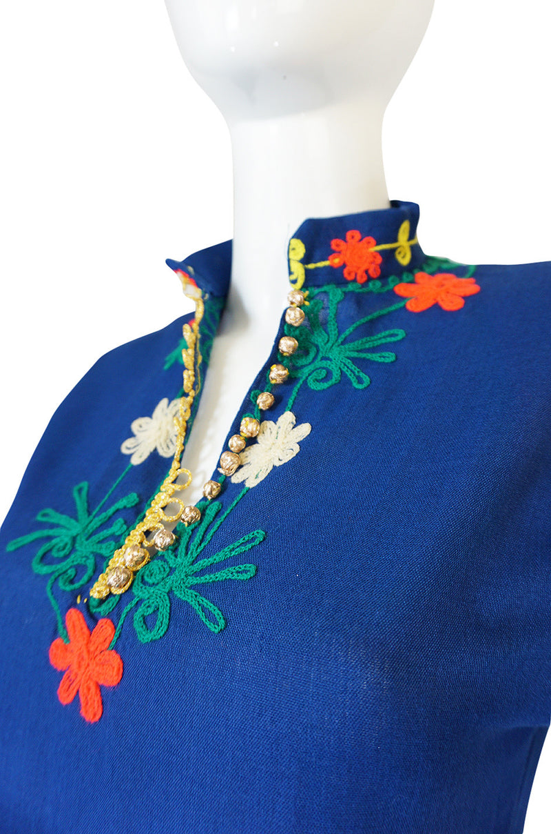 1960s Arts & Crafts Yarn Embroidered Blue Cotton Caftan