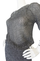1960s Gunn Trigere Silver Metallic Knit Top & Skirt Set