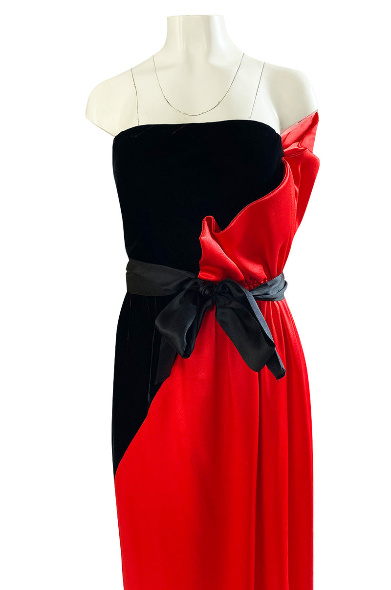 Dramatic 1970s Bill Blass Red Silk & Black Velvet Strapless 'Flame' Dress