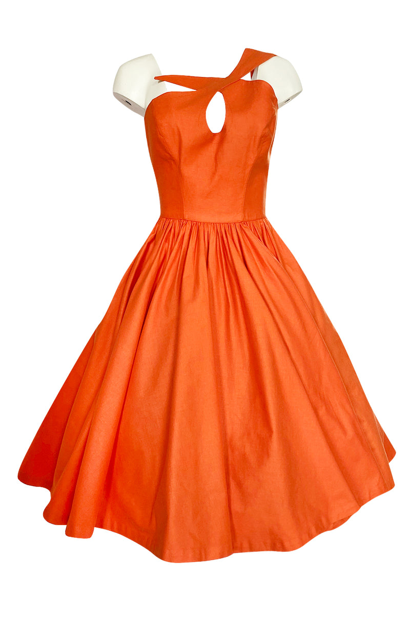 1980s Thierry Mugler One Shoulder Sculpted Orange Cotton Dress