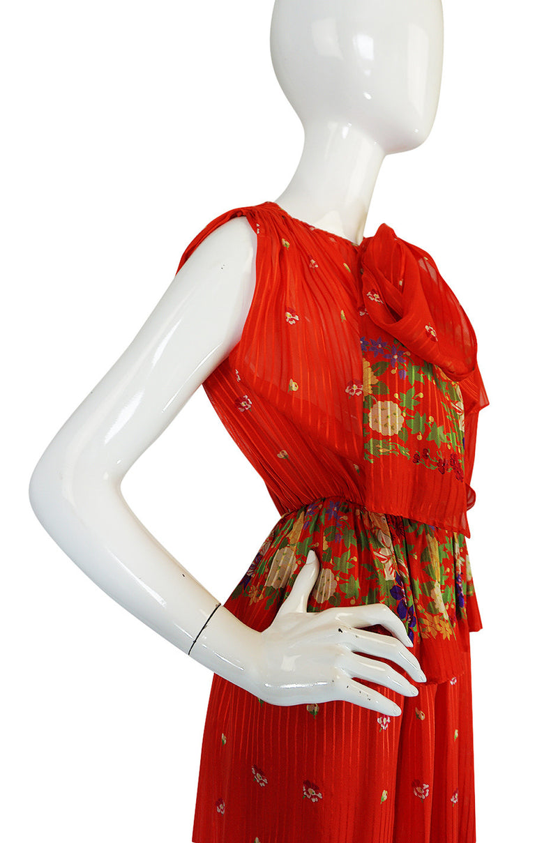 1970s Alberto Fabiani Open Slit Coral Silk Print Dress